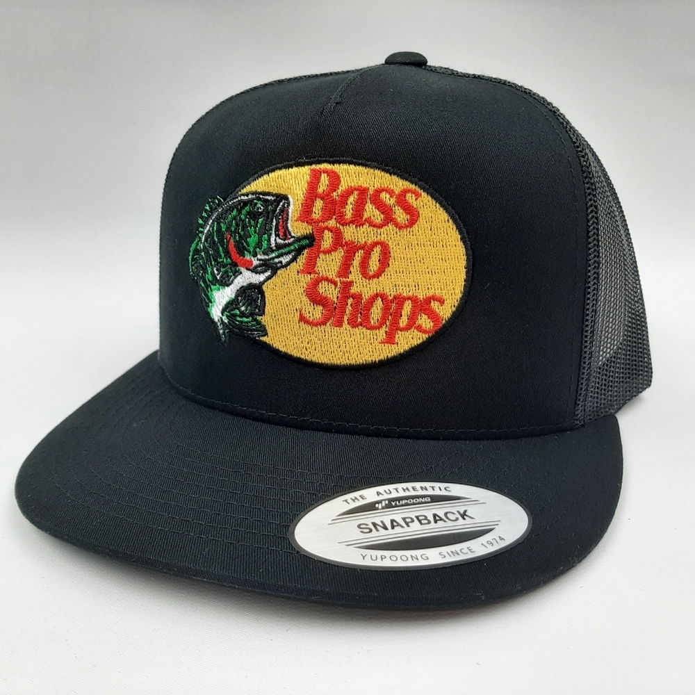 Bass Pro Shops Flat Bill Trucker Mesh Snapback Cap Hat Black Embroidered